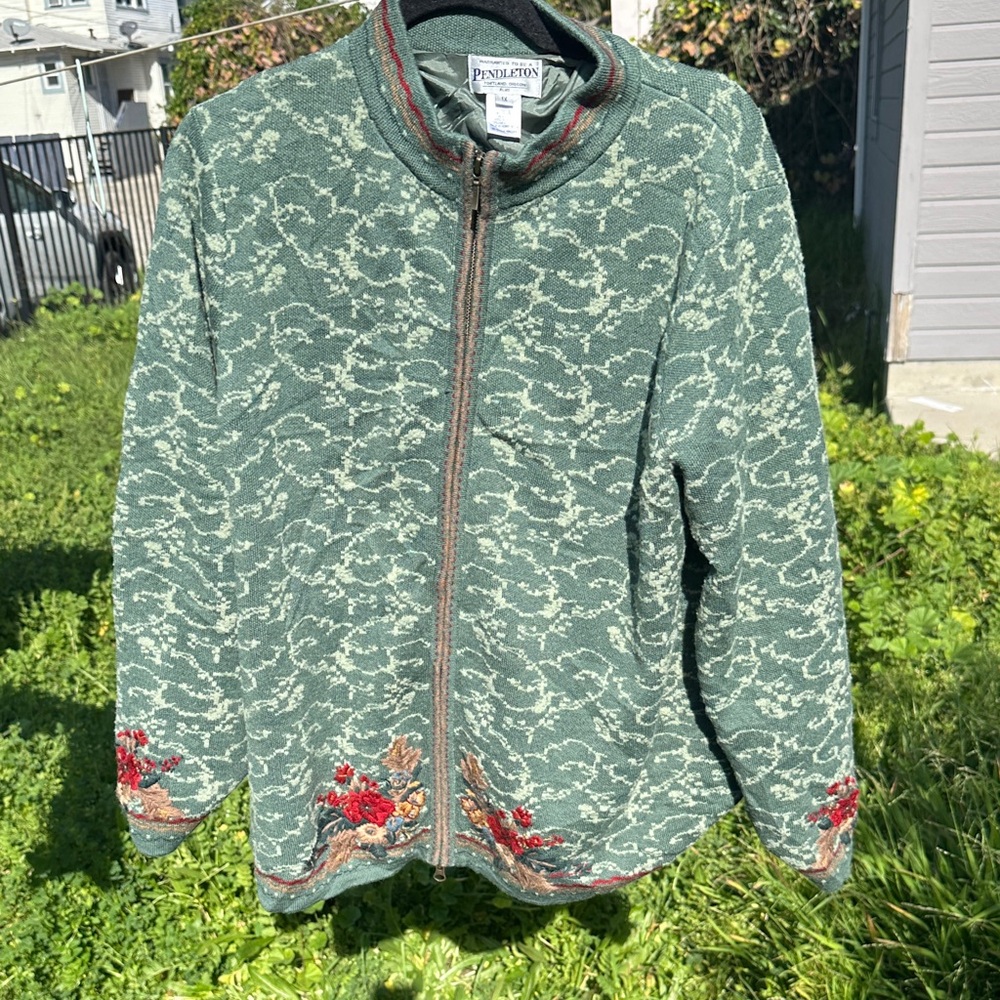 Pendleton Green Floral Zip Women's Teddy Jacket 88% Wool with Floral Detail Y2K